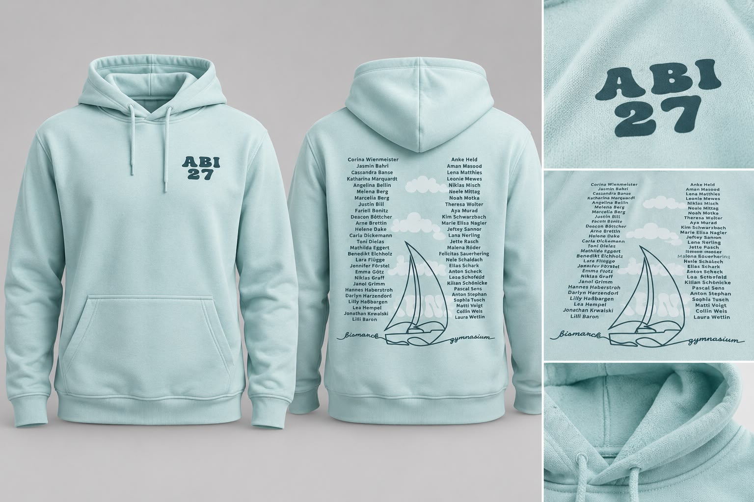 Mintfarbene Abi-27-Hoodies mit Namensliste auf dem Rücken