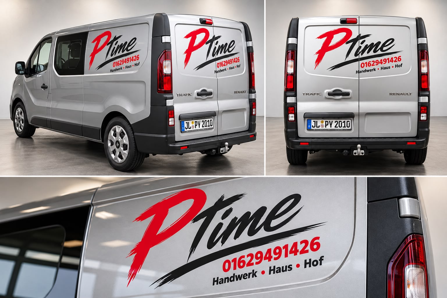 Fahrzeugbeschriftung für PTime auf einem silbernen Transporter